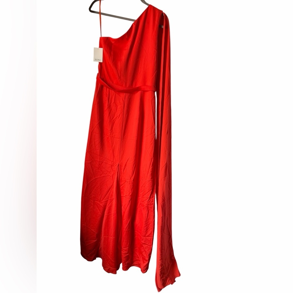 Rene Ruiz Bright Orange Red One-Shoulder Draped Evening Gown Flowing Cape Prom - Picture 3 of 8